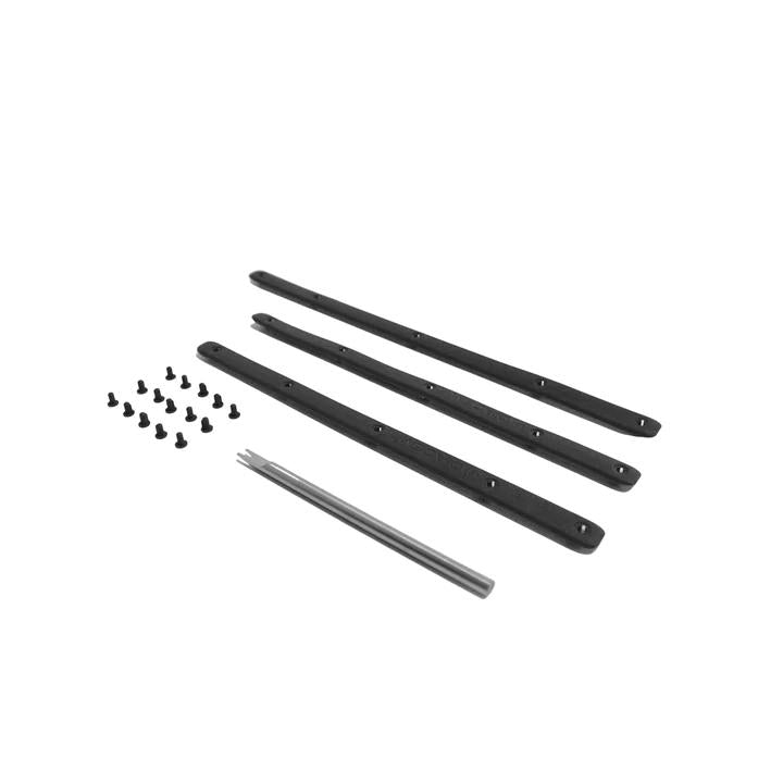 Black Diadem Icon bumper replacement set with four long plastic strips, ten screws, and a metal tool.