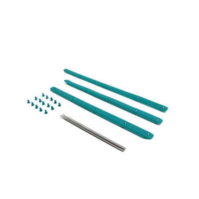 Three teal Diadem Icon bumper replacement strips with small holes, a dozen tiny teal screws, and one silver metal tool.