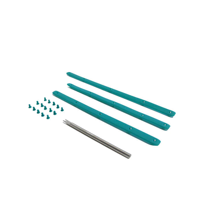 Three teal Diadem Icon bumper replacement strips with small holes, a dozen tiny teal screws, and one silver metal tool.