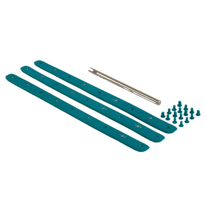 Three long teal rubber strips with holes, a silver metal wrench, and a cluster of teal rubber nubs.