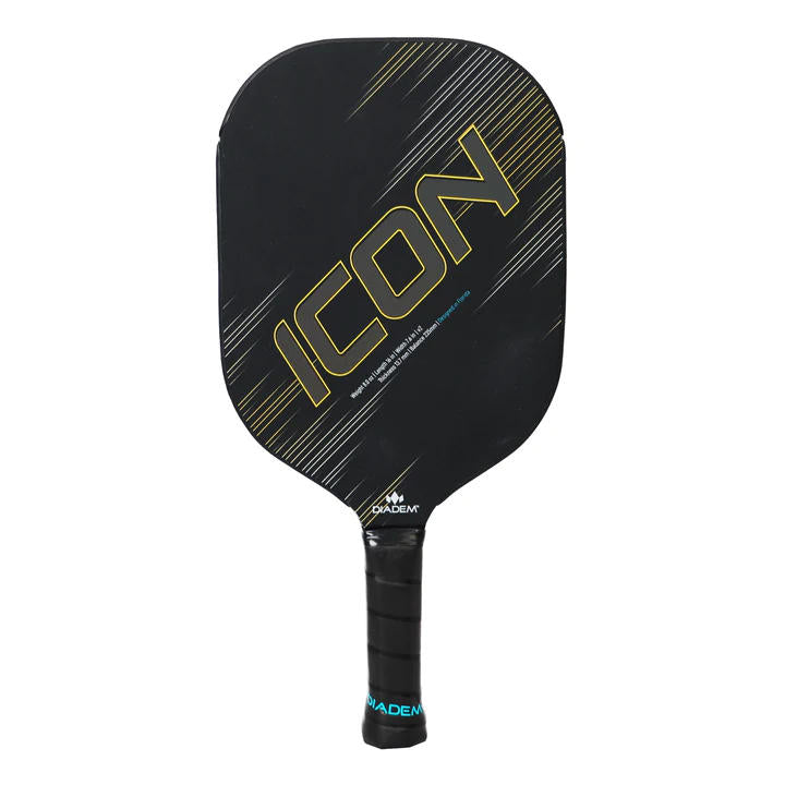 Black Diadem Icon V2 pickleball paddle with bold yellow "ICON" lettering and fine white stripe accents.