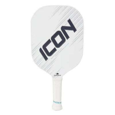 White Diadem Icon v2 pickleball paddle with a carbon fiber surface and a white handle wrapped in grip tape.