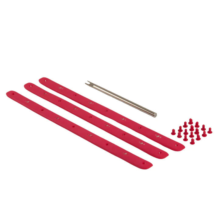 Diadem Icon v2 tennis racket bumper replacement kit with three dark pink strips, a metal tool, and small pink plugs.