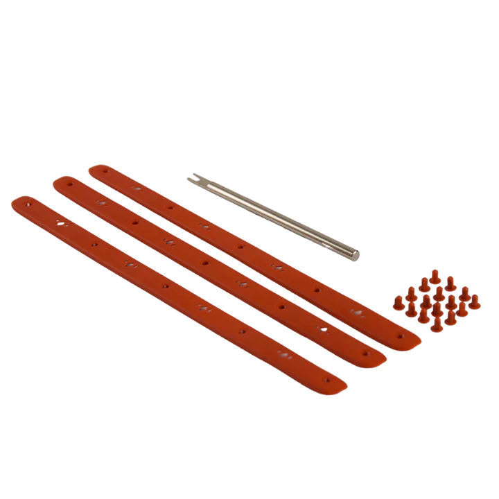 Diadem Icon V2 bumper replacement kit includes three terracotta red rubber strips, small terracotta studs, and a metal tool.