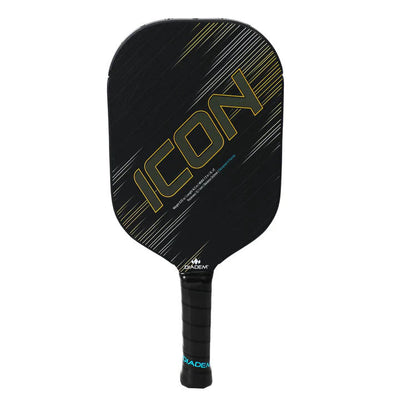 Black Diadem Icon XL v2 pickleball paddle with bold yellow "ICON" lettering and a turquoise logo on the black handle.
