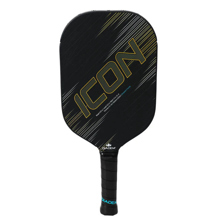 Black Diadem Icon XL v2 pickleball paddle with bold yellow "ICON" lettering and a turquoise logo on the black handle.