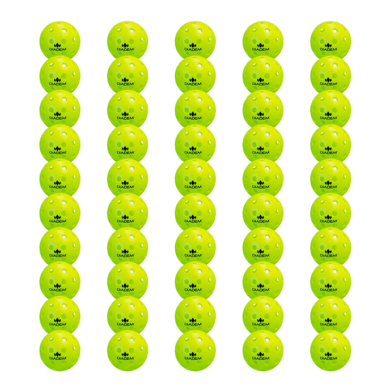 Diadem neon yellow pickleballs are arranged in five vertical rows, each ball featuring the brand logo and perforations.