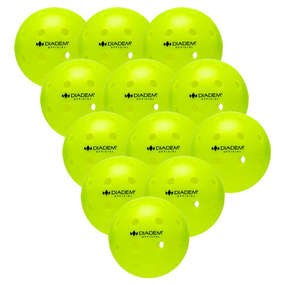 A dozen neon yellow Diadem Official pickleballs with small uniform holes, each featuring the black brand logo.