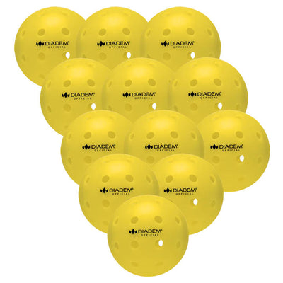 A dozen bright yellow Diadem Official pickleballs exhibit precise circular perforations and distinct branding.