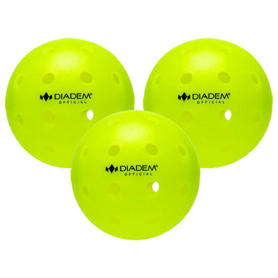 Three neon yellow Diadem Official pickleball balls with visible small holes and black branding.