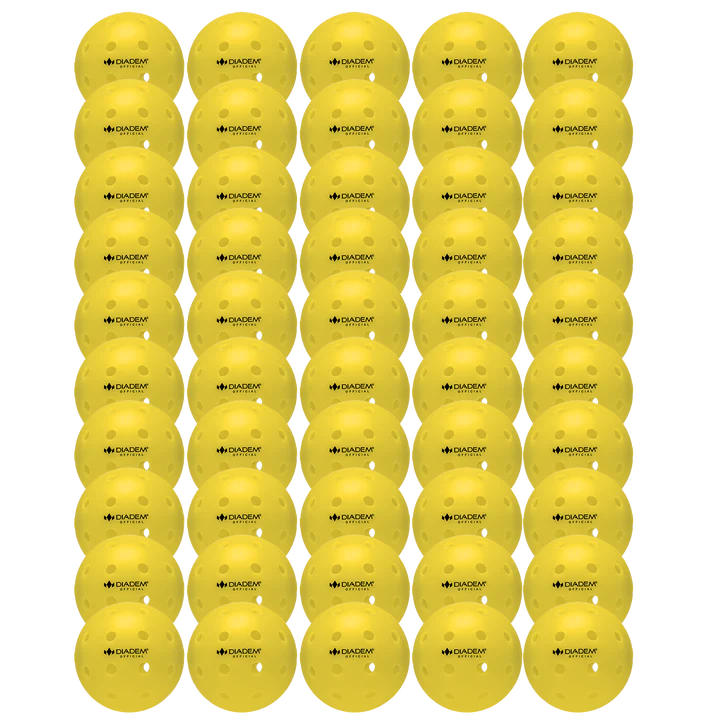 A multitude of bright yellow Diadem Official pickleballs are tightly grouped together, showcasing their even hole patterns.
