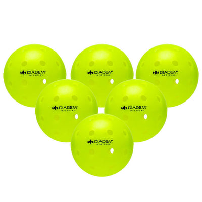 Six neon yellow Diadem Official pickleballs with small uniform holes are scattered across a white background.