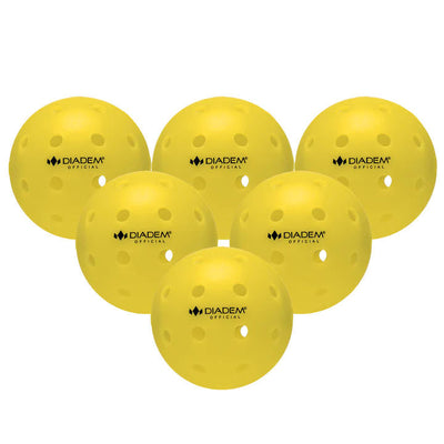 Six Diadem Official yellow pickleballs with visible perforations and black branding are arranged on a white background.