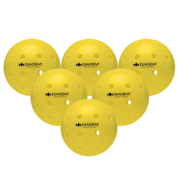 Six Diadem Official yellow pickleballs with visible perforations and black branding are arranged on a white background.