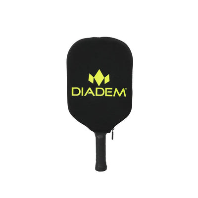 Black neoprene Diadem paddle cover with a bright yellow Diadem logo and a black zipper pull.