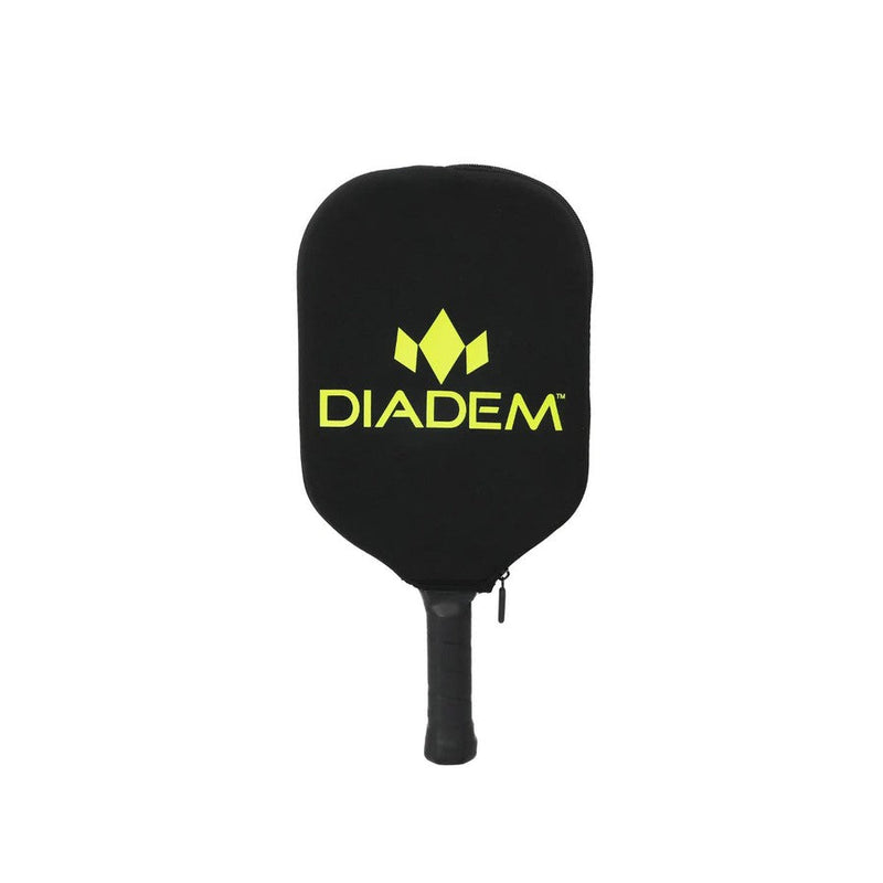 Black neoprene Diadem paddle cover with a bright yellow Diadem logo and a black zipper pull.