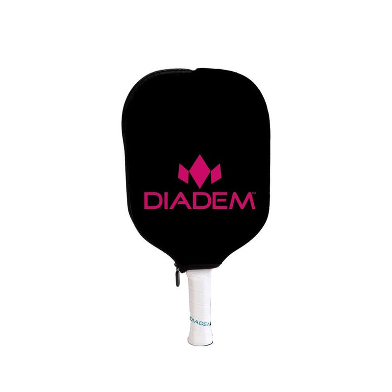 Black Diadem pickleball paddle cover with a hot pink logo, featuring a white handle and small zipper.