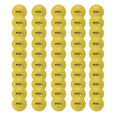 Rows of yellow Power Pickleball balls with visible perforations are arranged neatly against a white background.