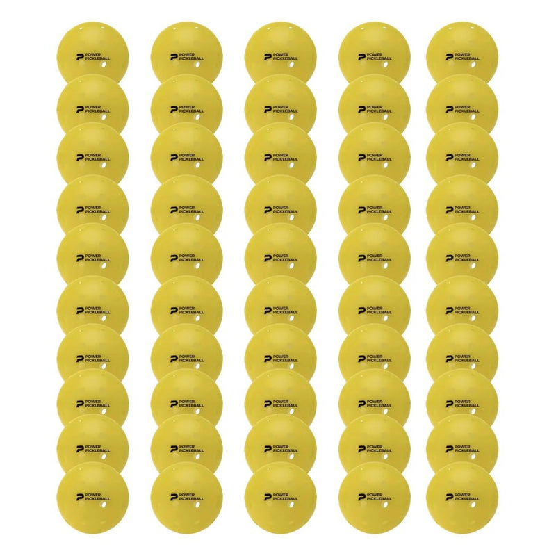 Rows of yellow Power Pickleball balls with visible perforations are arranged neatly against a white background.