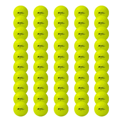 Multiple rows of bright yellow Diadem Power pickleballs with visible holes and black branded logos.