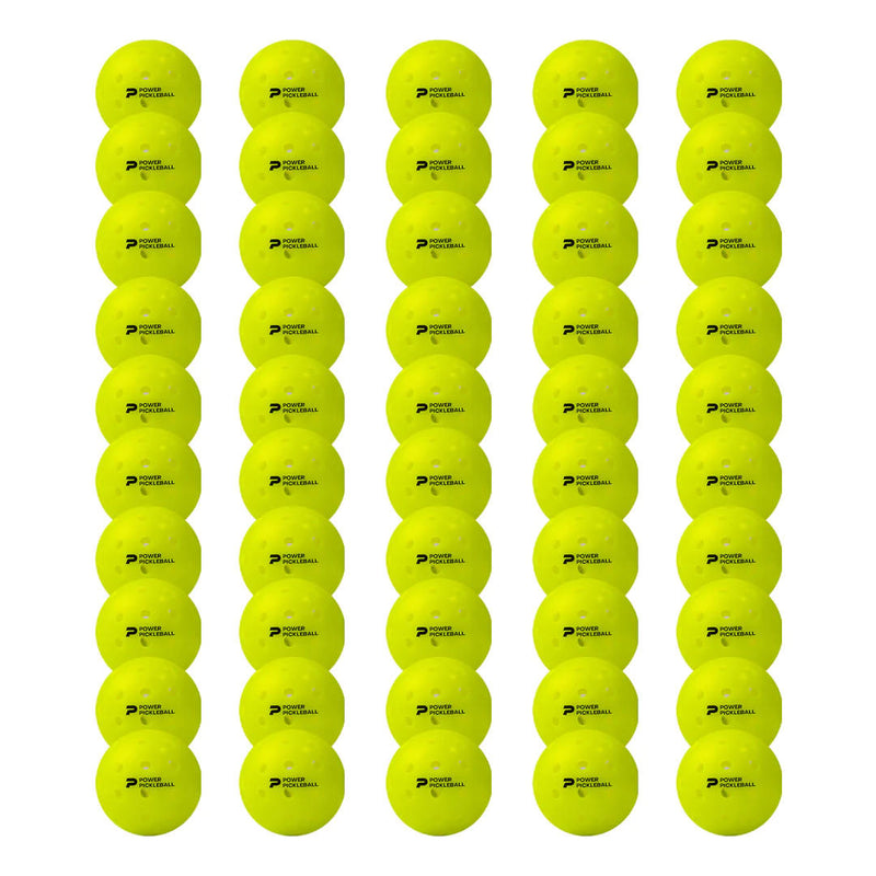 Multiple rows of bright yellow Diadem Power pickleballs with visible holes and black branded logos.