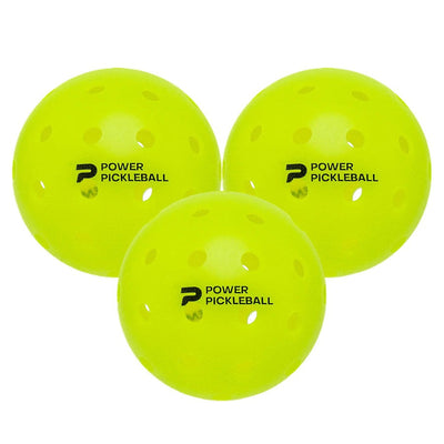 Three bright yellow Diadem Power Pickleballs, each with multiple holes and the black branded logo.