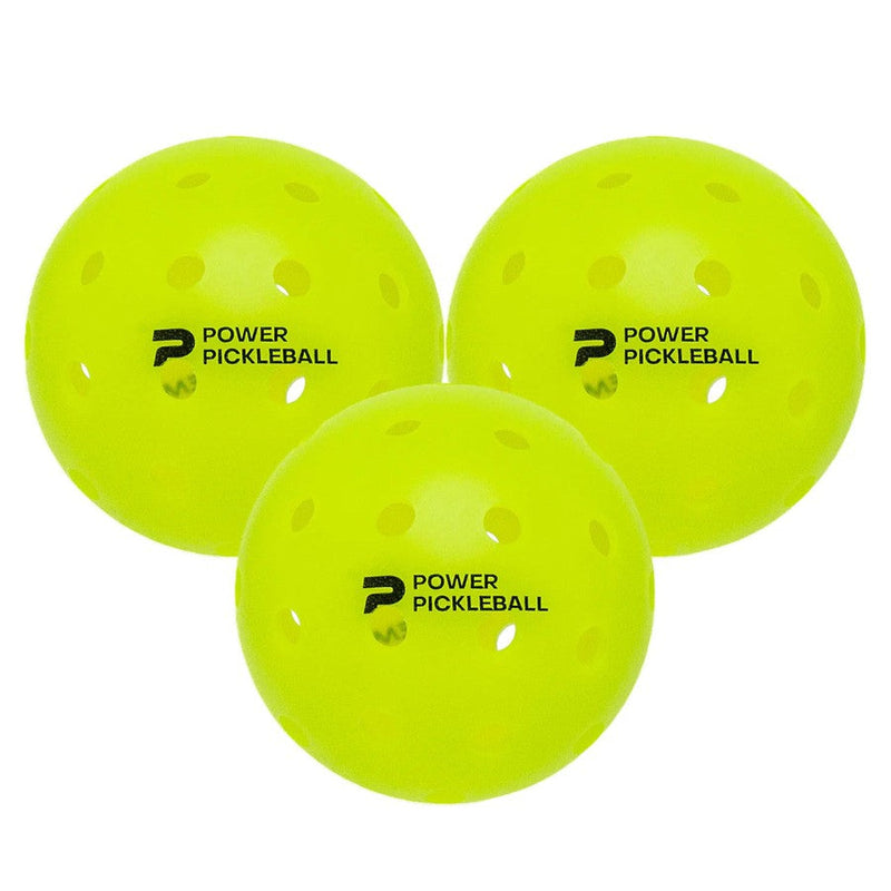 Three bright yellow Diadem Power Pickleballs, each with multiple holes and the black branded logo.