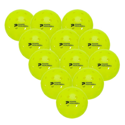 Twelve bright neon yellow Diadem Power Pickleballs, each with multiple small holes and black "Power Pickleball" text.