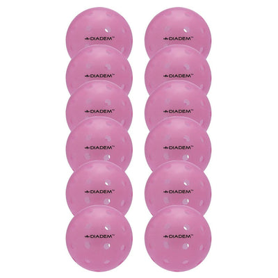 Twelve pink Diadem Power Pickleballs, each with multiple holes and the brand logo, are arranged in two columns.
