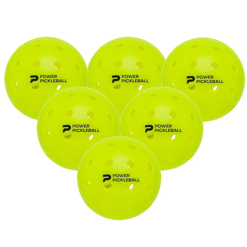 Six bright yellow Diadem Power Pickleballs, each with multiple small holes and the "POWER PICKLEBALL" logo printed in black.