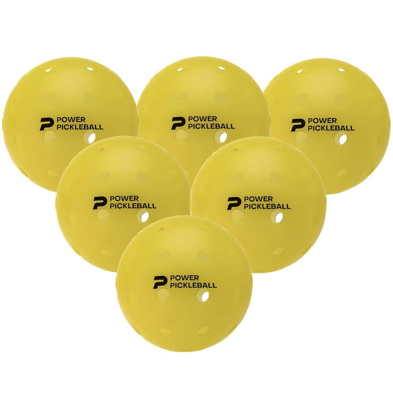 Six bright yellow Diadem Power Pickleballs, each with a black "P POWER PICKLEBALL" logo and many small circular holes.