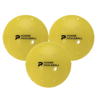 Three vibrant yellow Diadem Power Pickleballs, each with multiple evenly spaced holes and the brand logo in black.