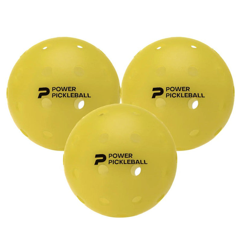 Three vibrant yellow Diadem Power Pickleballs, each with multiple evenly spaced holes and the brand logo in black.
