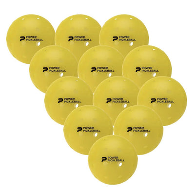 Twelve yellow Diadem Power Pickleballs, each with a black imprinted logo and numerous small circular holes.
