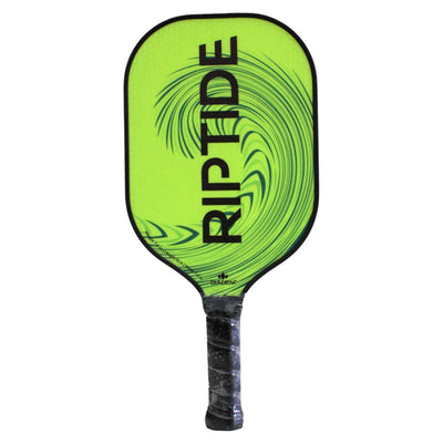 Diadem Riptide pickleball paddle with a bright lime green paddle face, black wavy graphic, and wrapped black handle.