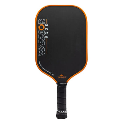 Black Diadem Warrior Edge pickleball paddle with an orange rim and black textured grip.