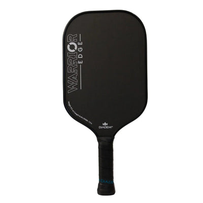 Black Diadem Warrior Edge pickleball paddle with a white logo and blue-wrapped handle.