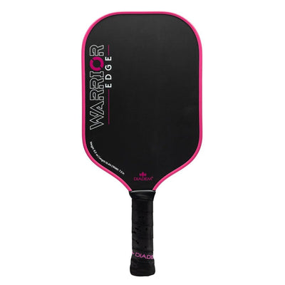 Black Diadem Warrior Edge pickleball paddle with a bright pink trim, white lettering, and a black textured handle.