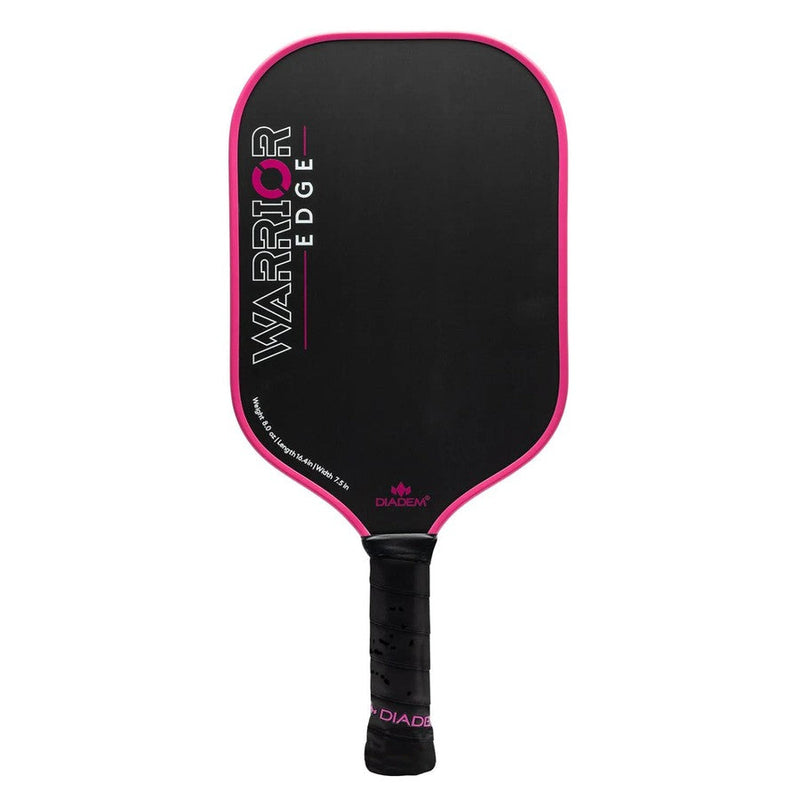 Black Diadem Warrior Edge pickleball paddle with a bright pink trim, white lettering, and a black textured handle.