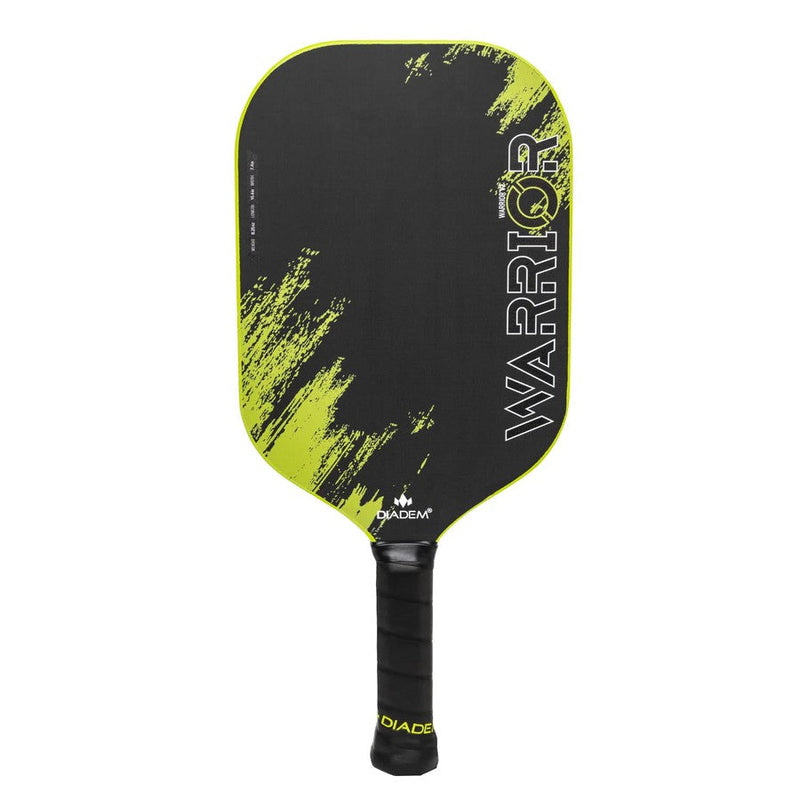 Black Diadem Warrior v2 pickleball paddle with neon yellow trim, grunge pattern, and "Warrior" text.