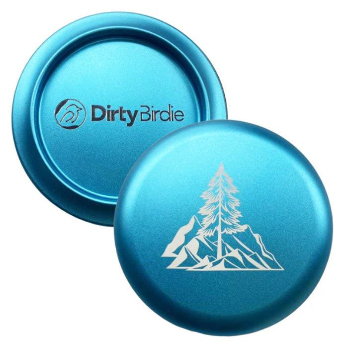 Two round, metallic blue Dirty Birdie aluminum disc golf markers with intricate designs.