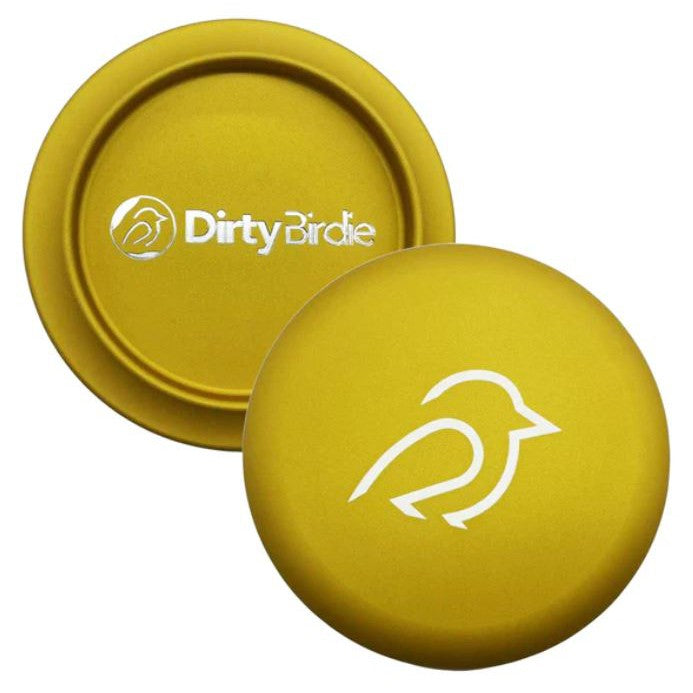 Two shiny gold Dirty Birdie aluminum metal markers, one showing the Dirty Birdie name and one displaying the bird logo.
