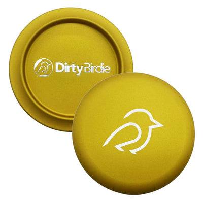 Two gold metallic Dirty Birdie aluminum metal marker discs with a silver birdie logo and text on one disc.