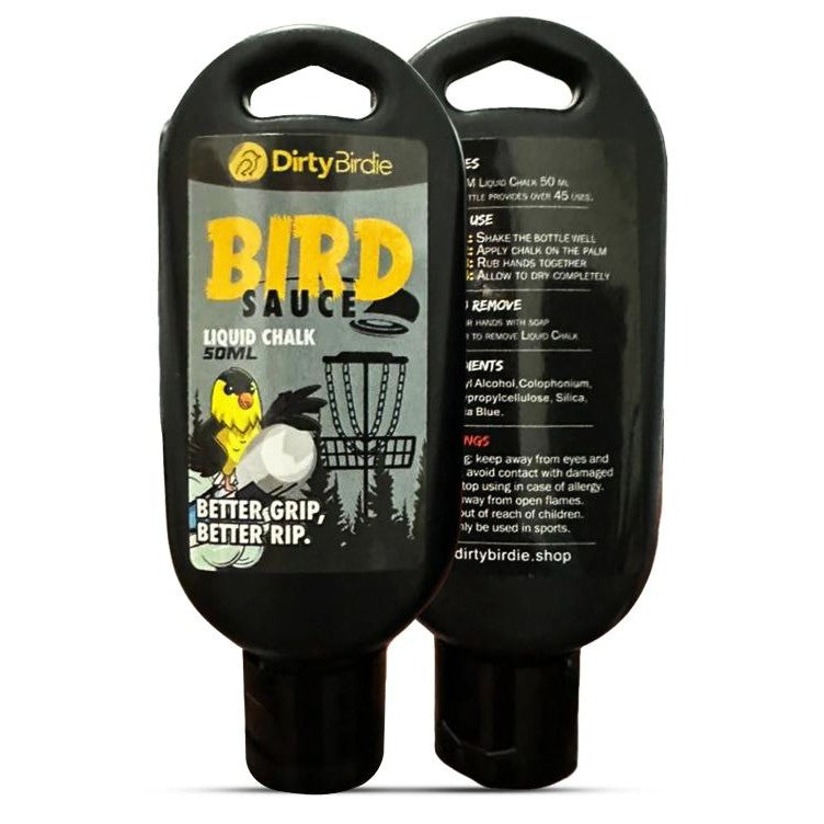 Two black Dirty Birdie Bird Sauce Liquid Chalk 50ml bottles, one showcasing a yellow bird and disc golf basket.