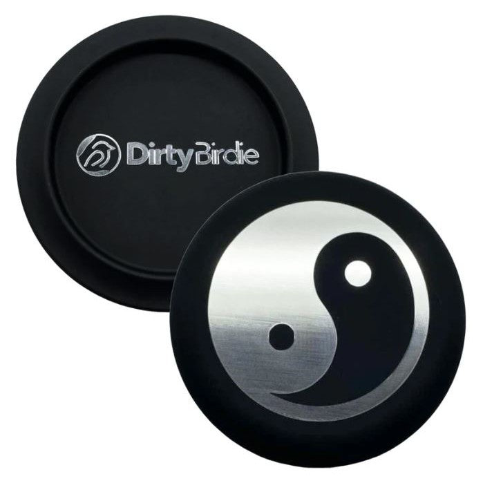 Two black Dirty Birdie aluminum metal markers, one showing a silver Yin Yang symbol, and the other with a Dirty Birdie logo.