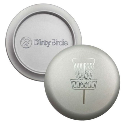 Two silver Dirty Birdie aluminum metal disc golf markers, with one showing the brand logo and the other a basket graphic.