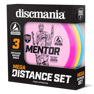 Black Discmania Active Mega Distance Set box displaying three pink, yellow, and blue disc golf drivers.