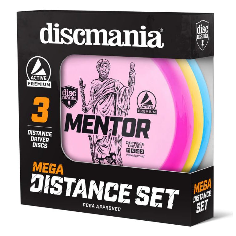 Black Discmania Active Mega Distance Set box displaying three pink, yellow, and blue disc golf drivers.