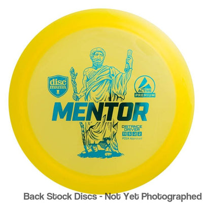 Yellow Discmania Active Premium Mentor stock distance driver with blue "MENTOR" text and an ancient philosopher stamp.