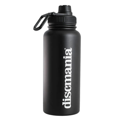 Black Discmania Arctic Flask water bottle with a textured lid, a small handle, and white Discmania branding.
